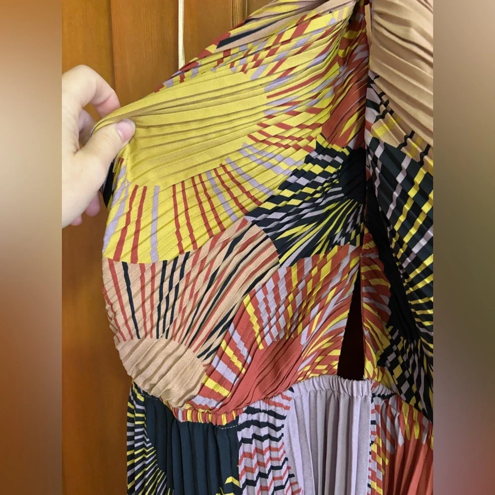 HOUSE OF HARLOW PLEATED TIE-NECK CUT-OUT-BODICE BACKLESS HALTER MAXI DRESS sz L - Picture 5 of 9